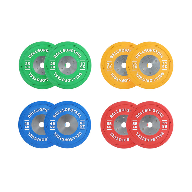 Image featuring four pairs of weightlifting plates, ideal for Olympic lifting. Top left: green 25 lb training plates. Top right: yellow 35 lb plates. Bottom left: red 45 lb LB Competition Bumper Plates. Bottom right: red 55 lb plates. All proudly display the "Bells of Steel" brand name.