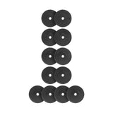 Ten Bells of Steel All-Black Bumper Plate Sets, each with a circular shape and central lifting hole, are arranged vertically in a line on a white background.