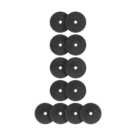 Ten Bells of Steel All-Black Bumper Plate Sets, each with a circular shape and central lifting hole, are arranged vertically in a line on a white background.