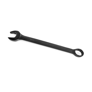 The Manticore Hardware wrench, crafted by Bells of Steel, features a versatile black combination design with an open-end on one side and a box-end on the other. Ideal for tightening or loosening nuts and bolts, it's showcased against a white background. This essential tool seamlessly simplifies tasks, making it a perfect addition to any hardware kit.