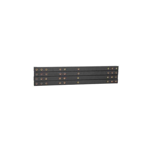 The product consists of a set of four Deadlift Platform 95 (38) cm tubes from Bells of Steel Canada. Each midsized black metal bar has evenly spaced circular holes arranged in two rows, stacked horizontally against a white background. Ideal for use in lifting platforms or various configurations.