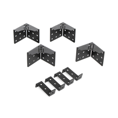 The Bells of Steel 3 Layer Deadlift Platform Hardware includes black, L-shaped corner brackets and smaller ground tab brackets with multiple holes, plus fasteners—all designed for heavy-duty platform support and shown on a white background.