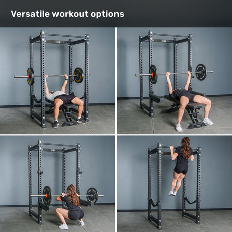 Four images show a woman performing bench press, incline press, squat, and pull-up exercises using the Bells of Steel Manticore Four Post Power Rack Builder (3" x 3", 1" Holes) in a gym. Text above reads "Versatile workout options.