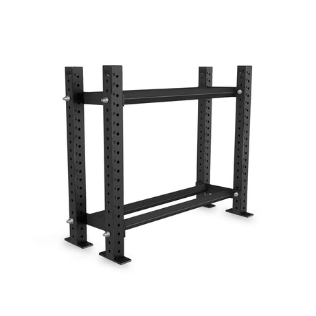 The Bells of Steel Prebuilt Bumper Plate Storage is a black metal rack featuring sturdy horizontal bars, adjustable holes on its vertical posts, and a secure, bolted frame. Standing on four feet with integrated bumper plate storage, it’s a versatile gym storage unit ideal for weightlifting or general gym use.
