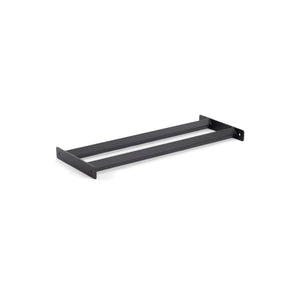 Introducing the Bumper Plate Pins Shelf by Bells of Steel Canada—a minimalist and utilitarian black metal wall-mounted bracket designed to organize your space. It features two parallel bars with holes at each end for easy mounting.