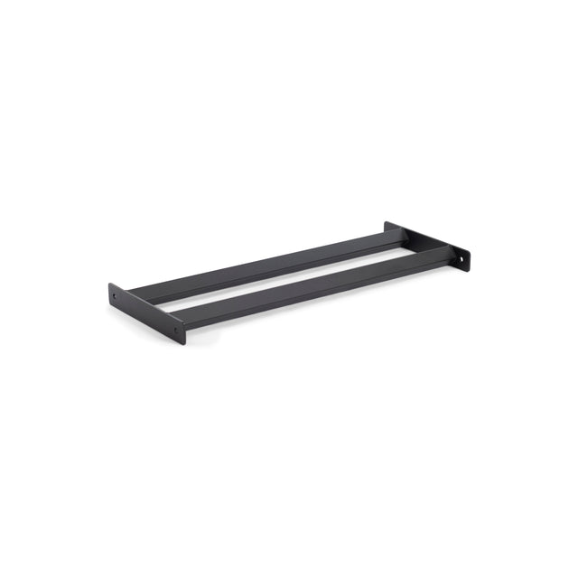 The black steel, rectangular Bumper Plate Pins Shelf by Bells of Steel features two bars and screw holes for secure installation. Ideal for garages, it efficiently organizes spaces by supporting shelves for bumper plates and other items.