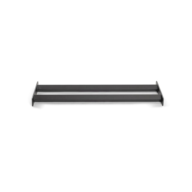 The Bumper Plate Pins Shelf by Bells of Steel is a minimalist black metal tray with two raised edges, ideal for organizing items or serving as a mini pins shelf, shown against a white background.