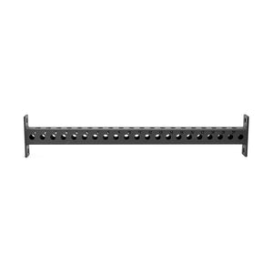 Introducing the Bells of Steel Manticore Crossmembers: a sleek black metal pull-up bar with multiple grip holes designed for wall mounting. Designed to be compatible with the Manticore Rack, this bar includes end brackets for secure installation and features a minimalist design that complements any fitness space.