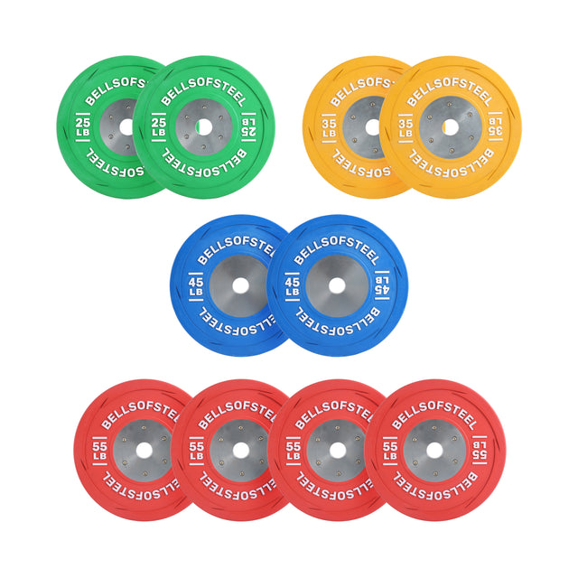 The image features the LB Competition Bumper Plates from Bells of Steel, a vibrant set perfect for Olympic lifting. This collection includes training plates in a range of colors: two 25 lb green plates, two 35 lb yellow plates, two 45 lb blue plates, and four 55 lb red plates. These are ideal for serious lifters.