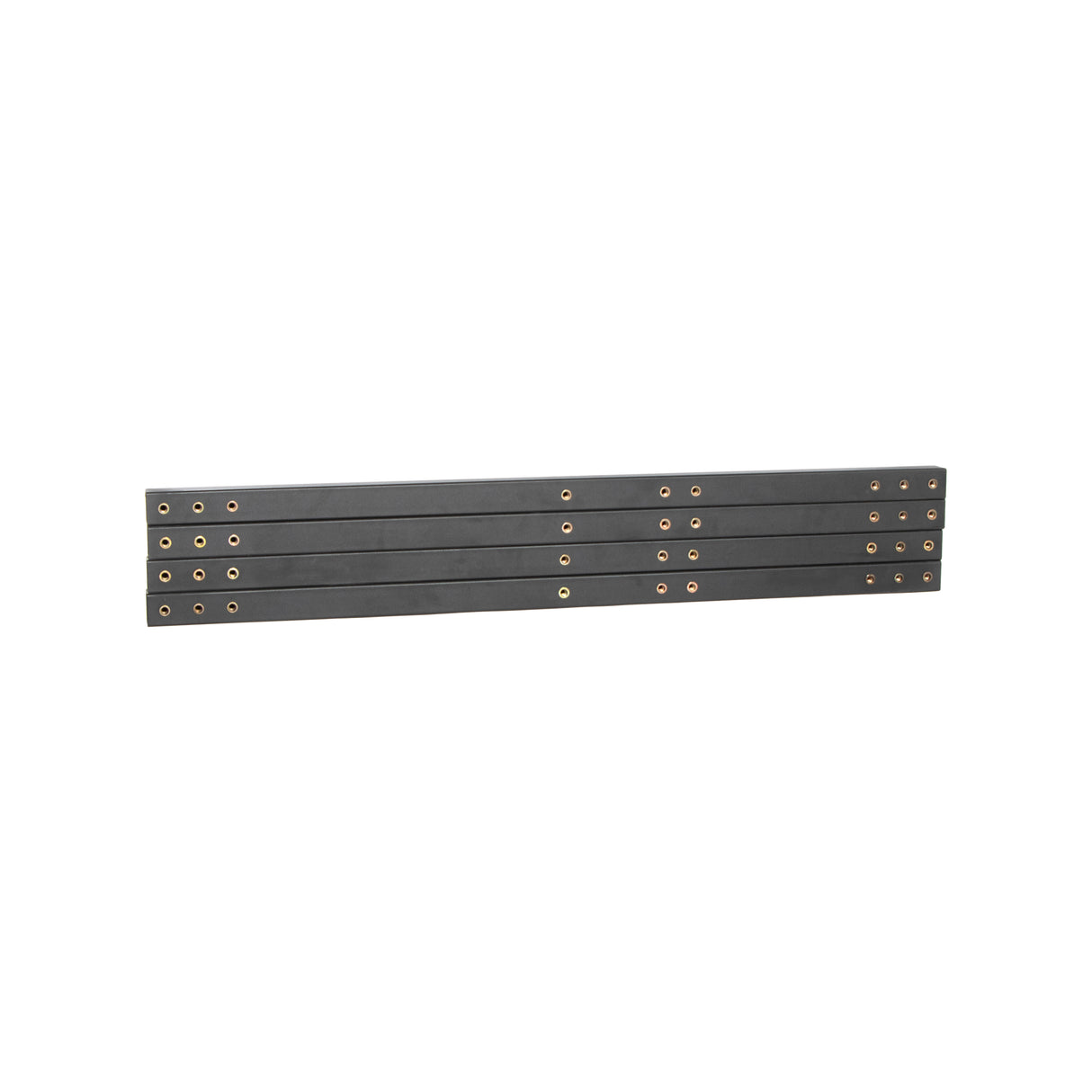 The Deadlift Platform 125cm (49) Tube by Bells of Steel Canada includes four gray, rectangular metal plates stacked horizontally, each with a row of evenly spaced holes along the sides. Designed to create stable platform configurations, these plates are ideal components for construction or assembly projects.