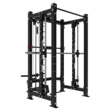 The Bells of Steel Smith Machine Rack With Lat Pulldown - Hydra features a black, heavy-duty 4-post frame (3"x3", ⅝" holes), multiple attachments like safety bars, pull-up bars, plate holders, and compatibility with weight stack lat pulldown.