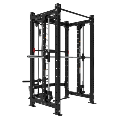 The Bells of Steel Smith Machine Rack With Lat Pulldown - Hydra features a black, heavy-duty 4-post frame (3"x3", ⅝" holes), multiple attachments like safety bars, pull-up bars, plate holders, and compatibility with weight stack lat pulldown.