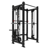 The Bells of Steel Smith Machine Rack With Lat Pulldown - Hydra (3" x 3", ⅝" holes) is a heavy-duty black rack with a pull-up bar, lat pulldown, and adjustable safety bars—ideal for squats, bench presses, and pull-ups.
