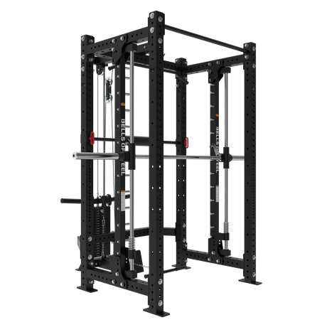 The Bells of Steel Smith Machine Rack With Lat Pulldown - Hydra (3" x 3", ⅝" holes) is a heavy-duty black rack with a pull-up bar, lat pulldown, and adjustable safety bars—ideal for squats, bench presses, and pull-ups.