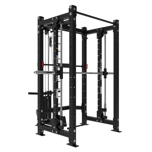 The Bells of Steel Smith Machine Rack With Lat Pulldown - Hydra (3" x 3", ⅝" holes) is a heavy-duty black rack with a pull-up bar, lat pulldown, and adjustable safety bars—ideal for squats, bench presses, and pull-ups.