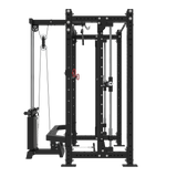 A Bells of Steel Smith Machine Rack With Lat Pulldown - Hydra (3" x 3", ⅝" Holes) in black, featuring cable pulleys, a weight stack lat pulldown, pull-up bar, barbell, safety bars, and weight storage; shown on a white background.