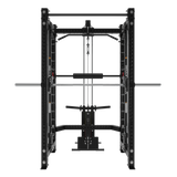 Front view of the Bells of Steel Smith Machine Rack With Lat Pulldown - Hydra (3" x 3", ⅝" holes) in black, featuring a barbell, weight stack lat pulldown, adjustable cables, and attachments for strength training.