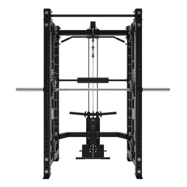 Front view of the Bells of Steel Smith Machine Rack With Lat Pulldown - Hydra (3" x 3", ⅝" holes) in black, featuring a barbell, weight stack lat pulldown, adjustable cables, and attachments for strength training.