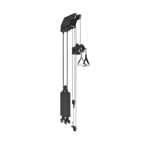 The Kraken Rack Attachment for 4 Post Hydra & Manticore Racks by Bells of Steel is displayed against a white background, featuring dual handles, adjustable weights, and a cable system with pulleys and a weight stack for versatile workouts.