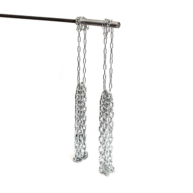 A long metal rod supports two clusters of Bells of Steel Weightlifting Chains, each symmetrically draped. The plain white background highlights their industrial look, making them perfect for those seeking progressive resistance in muscular stimulation exercises.