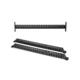 The Bells of Steel Manticore Flat Foot Components include three black metal brackets—two lying flat, one upright—with angled edges and mounting plates, designed to provide sturdy support for Manticore power racks.