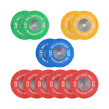 Four green 25 lb, two blue 45 lb, two yellow 35 lb, and six red 55 lb Boltless LB Competition Bumper Plate Sets by Bells of Steel arranged in groups on a white background—perfect for Olympic lifting or serious training.
