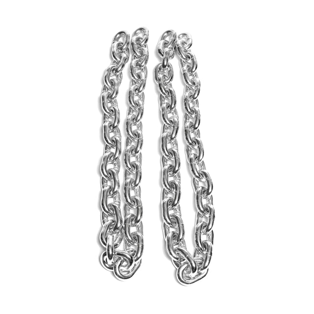 Two Bells of Steel Weightlifting Chains are placed side by side on a white background. The shiny, rust-resistant metal chains feature interlocking links that form a repeating pattern. Their reflective surfaces highlight the metallic texture, ensuring durability and resilience against the elements.