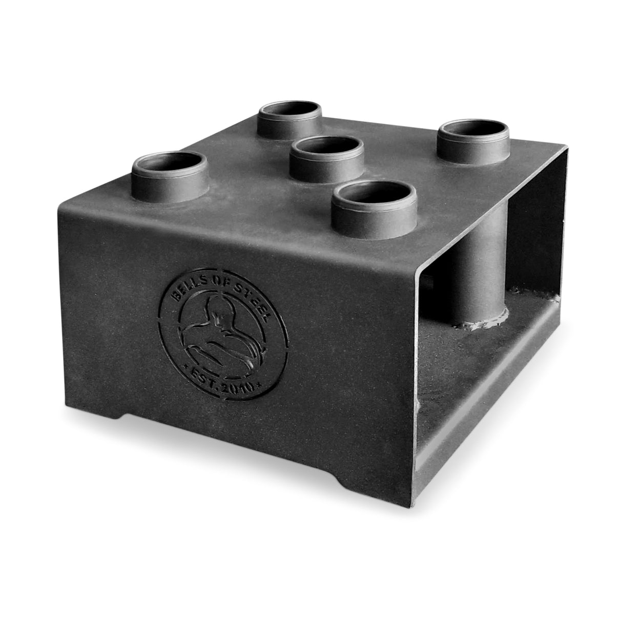 The Bells of Steel 5 Barbell Holder is a black, solid steel weight plate holder with five vertical slots and a side logo, designed for efficient barbell storage and gym organization.