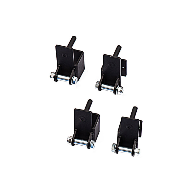 A pair of Safety Strap Connectors by Bells of Steel, featuring black metal hinge brackets with cylindrical pins for mechanical or structural support, are displayed on a white background. These components provide stability when used in power racks or rack uprights.