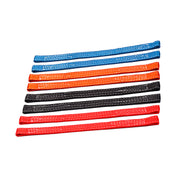 A set of eight flat, rectangular nylon Safety Straps for 2.3" x 2.3" Racks from Bells of Steel is arranged in parallel rows, featuring two slings in each color: blue, orange, black, and red, evenly spaced on a white background. These straps are ideal for ensuring protection during workouts in a power rack.