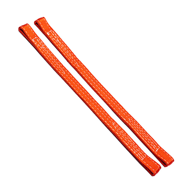 On a white background, two orange Safety Straps for 2.3" x 2.3" racks by Bells of Steel are laid out parallel to each other. Each strap displays visible stitching throughout its length, providing outstanding protection and durability, ideal for securing loads or boosting the safety of your power rack setup.