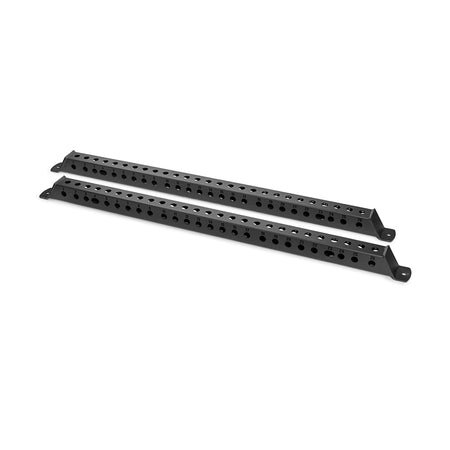 The Manticore Flat Foot Support System by Bells of Steel is depicted with two black metal bars featuring evenly spaced holes. These parallel bars, set against a white background, have ends that angle slightly upward, indicating their robust support design.