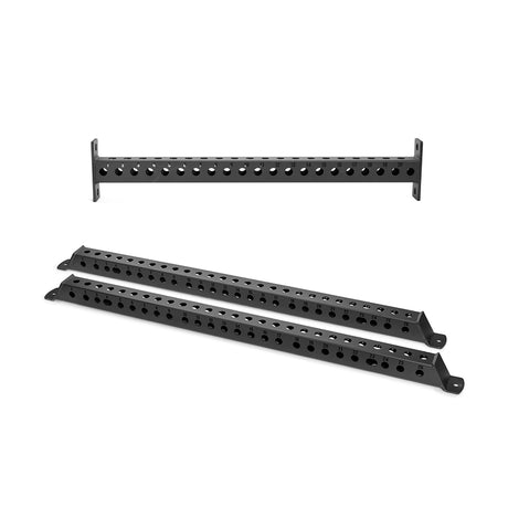 Three Bells of Steel Manticore Flat Foot Components, black metal brackets with evenly spaced round holes for adjustable mounting or flat foot support, are shown on a white background—two lying flat and one standing upright.