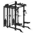The Bells of Steel Smith Machine Rack - 6-Post with Kraken - Manticore (3" x 3", 1" Holes) is a versatile black power rack featuring a Smith Machine, cables, pulleys, pull-up bars, and plate holders—ideal for home strength training.