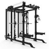 The Bells of Steel Smith Machine Rack - 6-Post with Kraken - Manticore (3" x 3", 1" Holes) is a versatile black power rack featuring multiple pulleys, pull-up bars, weight storage, and attachments—perfect for home strength training.