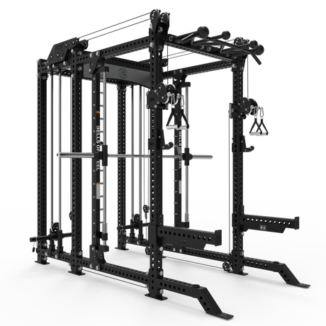 The Bells of Steel Smith Machine Rack - 6-Post with Kraken - Manticore (3" x 3", 1" Holes) is a versatile black power rack featuring multiple pulleys, pull-up bars, weight storage, and attachments—perfect for home strength training.