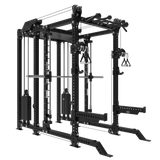 The Bells of Steel Smith Machine Rack – 6-Post with Kraken – Manticore features 3"x3" uprights, 1" holes, cables, pulleys, weight stacks, pull-up bars, and a Smith Machine—perfect for diverse home strength training.