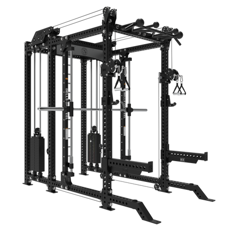 The Bells of Steel Smith Machine Rack – 6-Post with Kraken – Manticore features 3"x3" uprights, 1" holes, cables, pulleys, weight stacks, pull-up bars, and a Smith Machine—perfect for diverse home strength training.