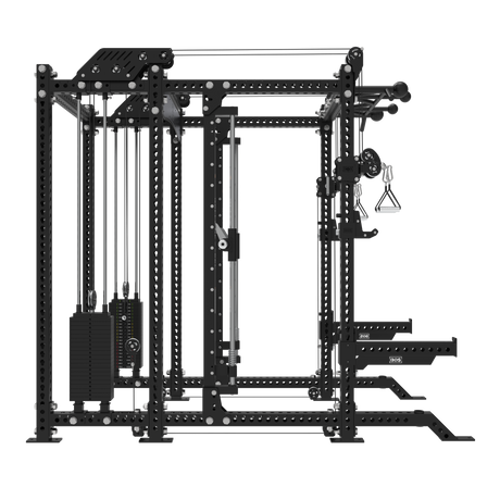 The Bells of Steel Smith Machine Rack - 6-Post with Kraken - Manticore features weight stacks, cable pulleys, pull-up bars, and attachments—perfect for versatile strength training and resistance workouts in your home gym.