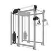 The Kraken Rack Attachment for 6 Post Hydra Racks (Single Side) by Bells of Steel is a multifunctional, compact cable tower featuring adjustable pulleys and weight stacks. Displayed in gray with black cables and handles, it's ideal for diverse strength workouts and integrates well into any gym space.