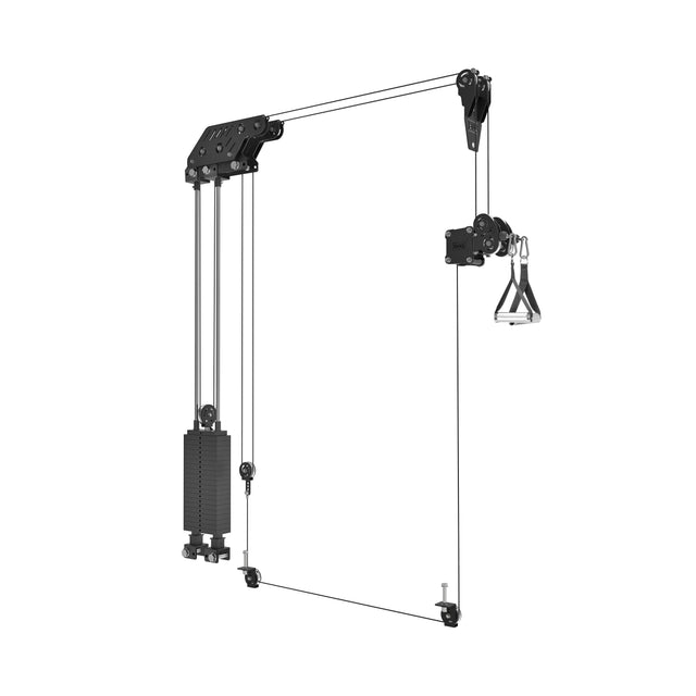 Image of a Bells of Steel Kraken Rack Attachment for 6 Post Manticore Racks (Single Side) against a white background, featuring adjustable weights, pulleys, cables, and a handle for targeted strength training.
