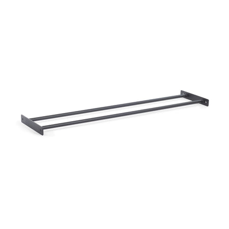 Introducing the "Medicine Ball Shelf" by Bells of Steel Canada—a sleek, modern design that adds functional storage to your bathroom. This minimalist black metal wall-mounted towel rack features two parallel bars set between rectangular brackets, now cleverly incorporating a subtle shelf for added convenience.