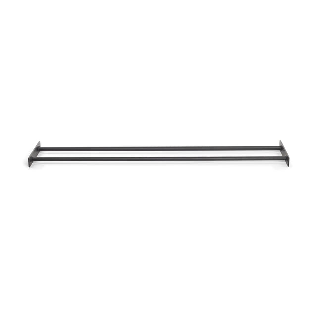 A sleek black double towel bar is horizontally mounted on white, offering ample storage with two parallel bars and rectangular brackets. Ideal for organizing in clearance or alongside Bells of Steel's Medicine Ball Shelf.