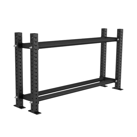 The Bells of Steel Prebuilt Bumper Plate Storage is a black metal rack featuring adjustable holes on the vertical supports, designed to securely hold weights or gym equipment. This sturdy storage unit stands on four wide feet, providing enhanced stability for your gym space.