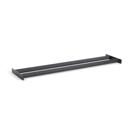 The Bumper Plate Pins Shelf by Bells of Steel Canada is a minimalist black metal wall-mounted shelf featuring two parallel bars. Ideal for organizing items like shoes or books, its sleek and modern design adds a stylish touch to your space.