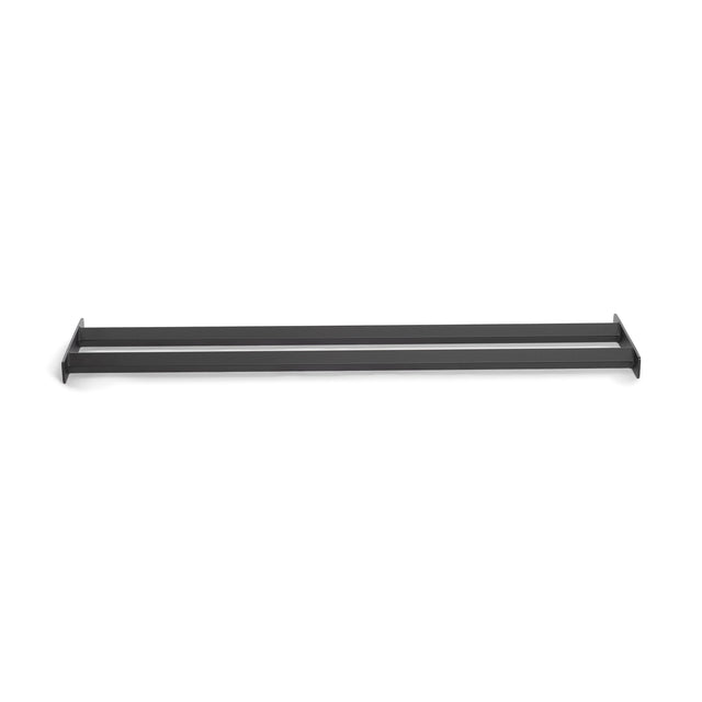 The Bells of Steel Bumper Plate Pins Shelf is a sleek, minimalist dark gray wall shelf made of metal with a flat design and narrow lip, ideal for organizing items securely in modern home or office decor.