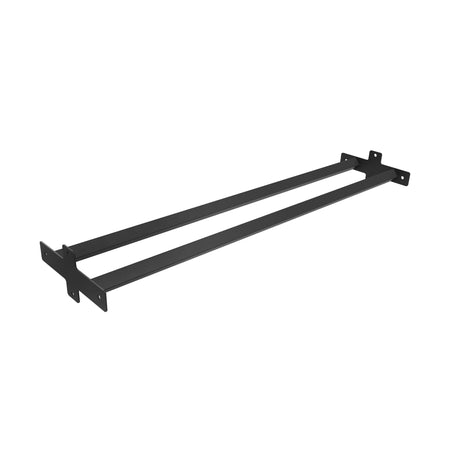 The Bells of Steel Storage Shelves feature a black metal support bracket with two parallel bars and mounting plates at each end, perfect for adding storage shelves or a dumbbell shelf to your gym wall or power rack.
