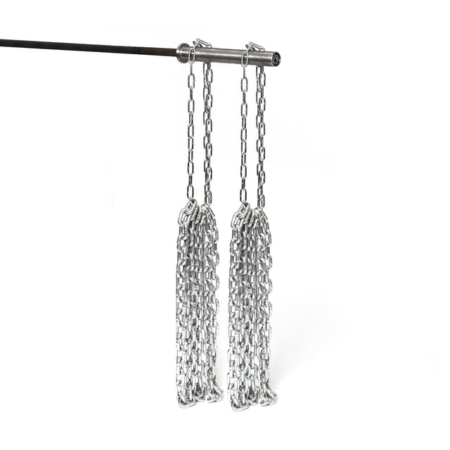 A pair of weightlifting chains from Bells of Steel featuring a metallic rod with two elongated, rust-resistant chains symmetrically linked for an elegant and durable appearance against a plain white backdrop.