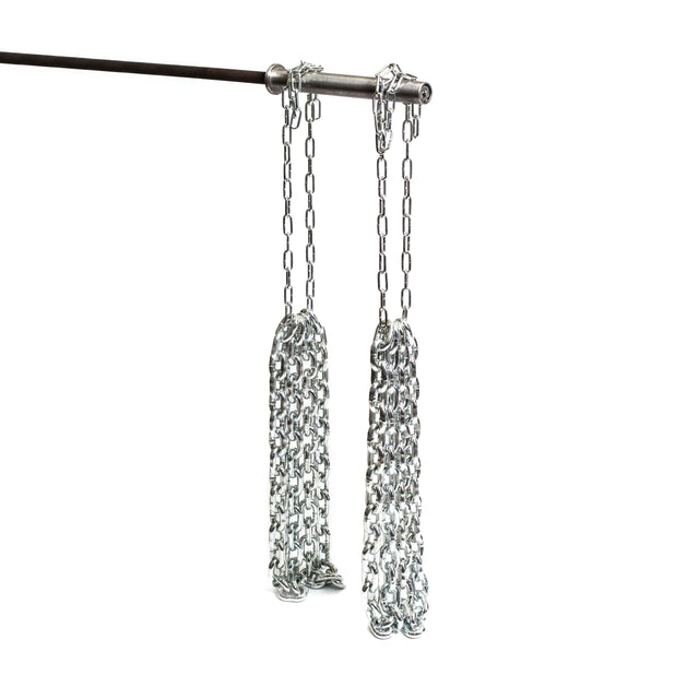 A Bells of Steel Weightlifting Chain with rust-resistant material drapes over a metal bar, each chain forming a loop. The plain white background accentuates the shiny, silver-colored finish, making it ideal for progressive resistance training.