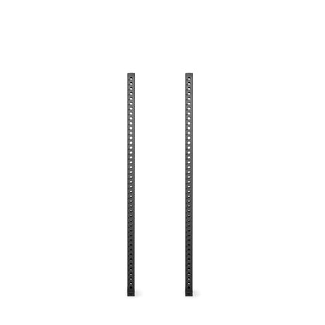 Two tall, black Manticore Vertical Uprights by Bells of Steel stand vertically against a white background. These perforated metal strips have evenly spaced holes and seem designed for use in shelving or industrial applications similar to the Manticore Rack.